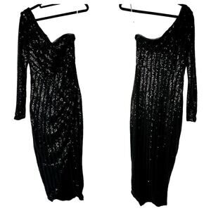 Lulus Dress Elegant Occasion Formal Midi One Shoulder Sleeve Sequin Black S